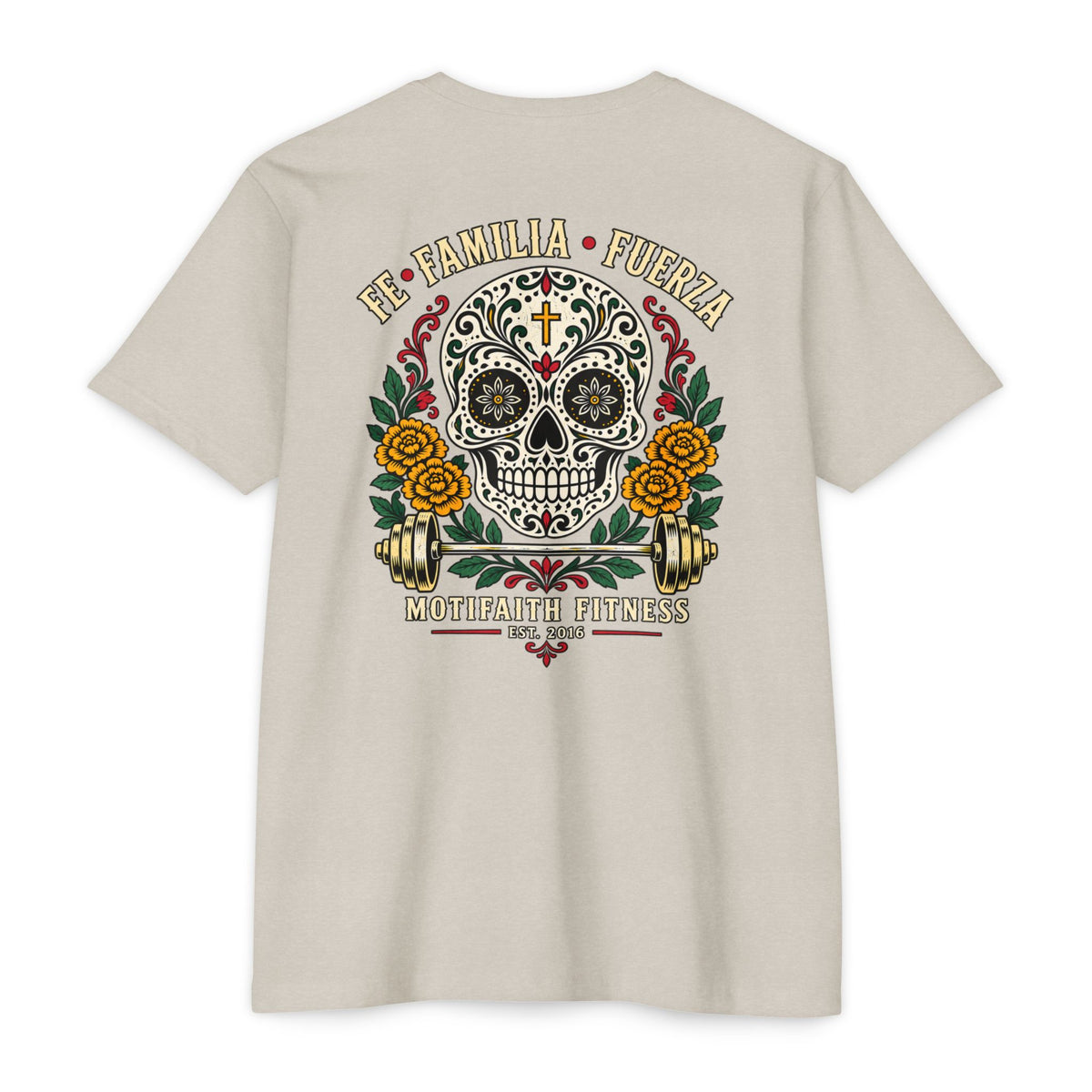 Motifaith Fitness Sugar Skull T-Shirt — Fe • Familia • Fuerza Gym Tee