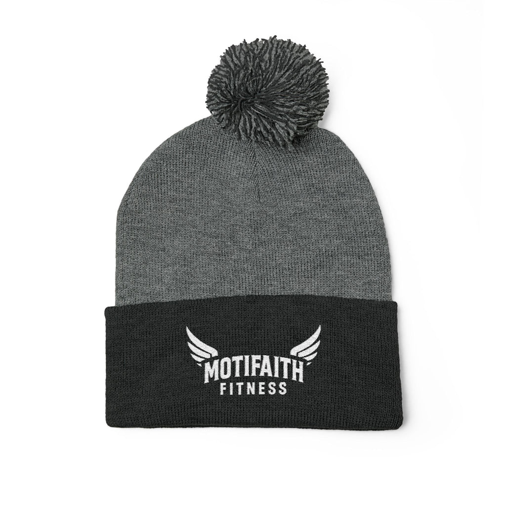 Embroidered Pom-Pom Beanie — Motifit Fitness Logo Cuffed Knit Hat