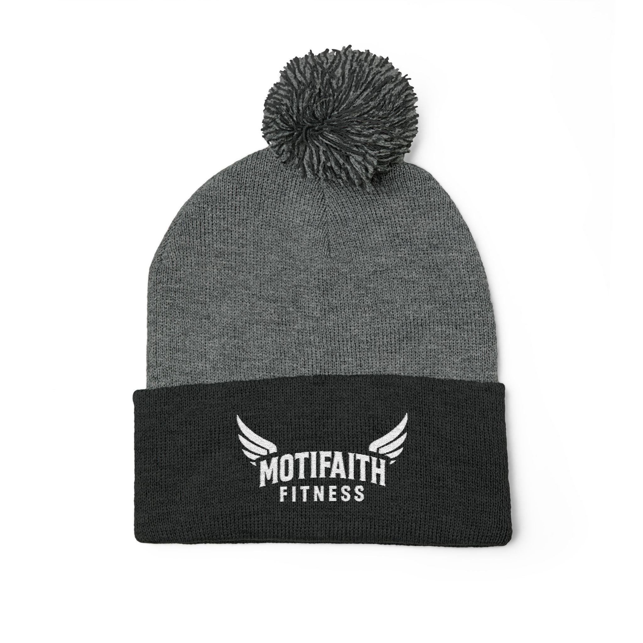 Embroidered Pom-Pom Beanie — Motifit Fitness Logo Cuffed Knit Hat
