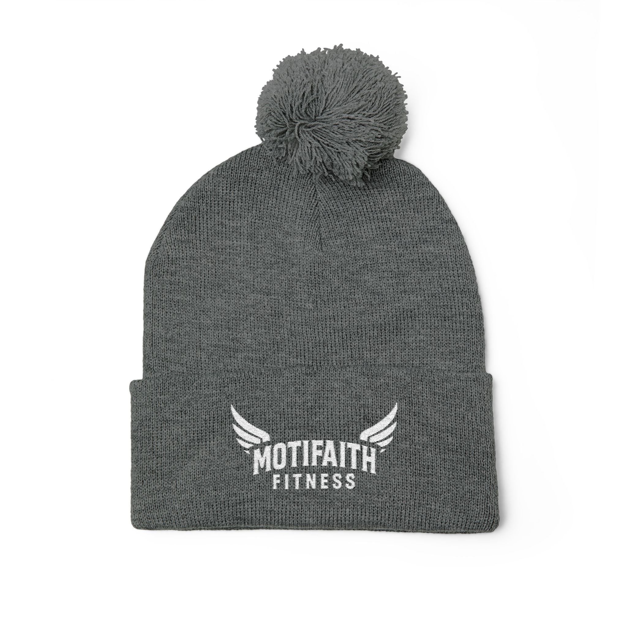 Embroidered Pom-Pom Beanie — Motifit Fitness Logo Cuffed Knit Hat