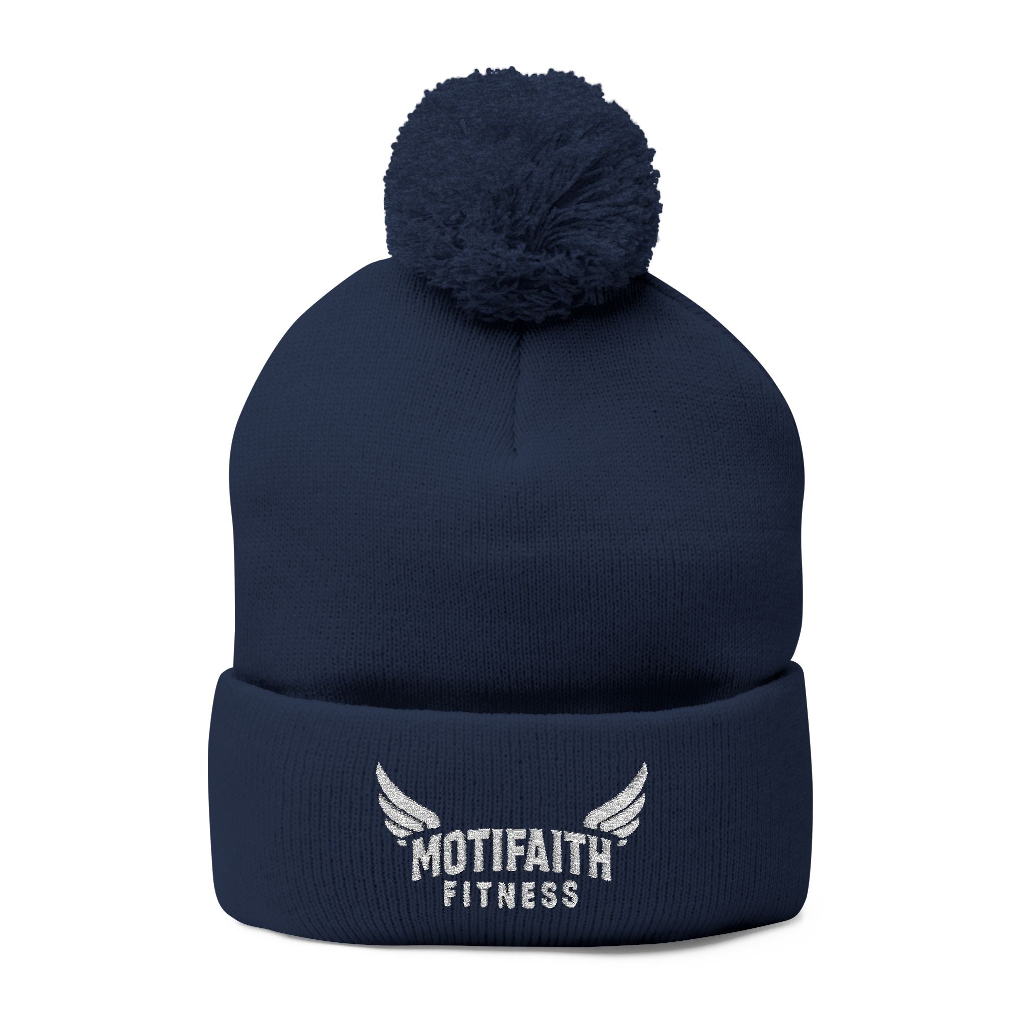 Embroidered Pom-Pom Beanie — Motifit Fitness Logo Cuffed Knit Hat