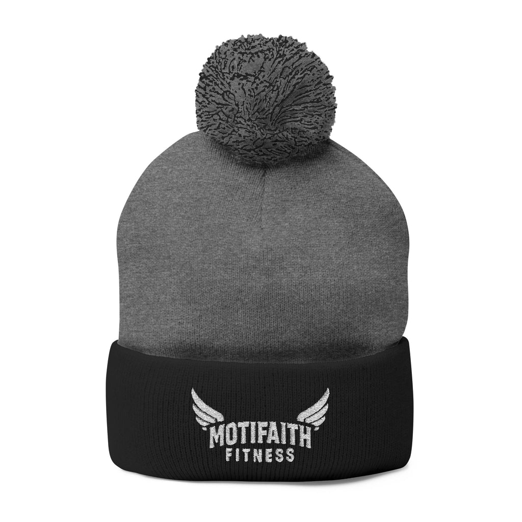 Embroidered Pom-Pom Beanie — Motifit Fitness Logo Cuffed Knit Hat