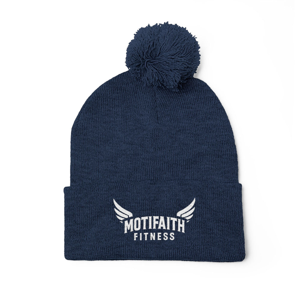 Embroidered Pom-Pom Beanie — Motifit Fitness Logo Cuffed Knit Hat