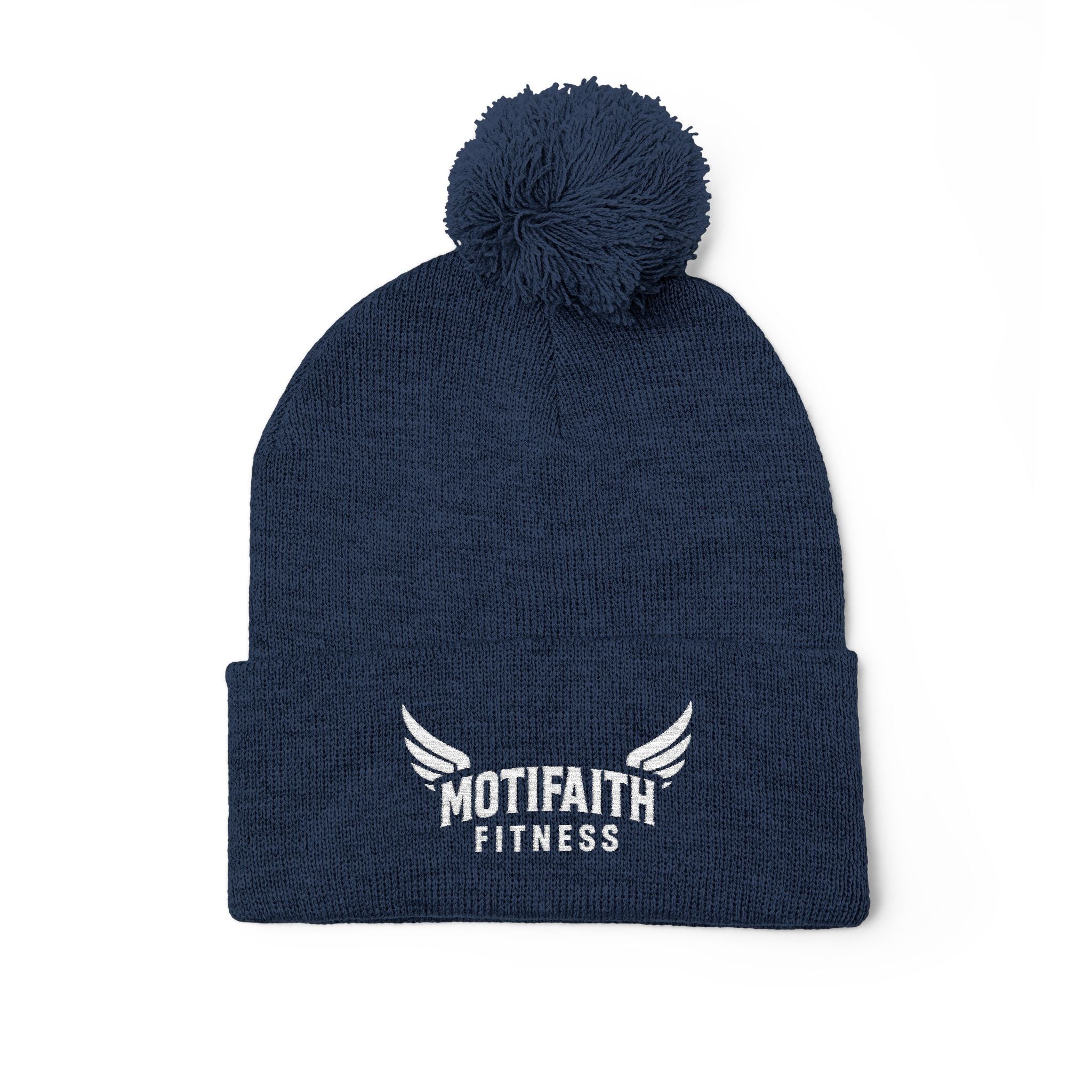 Embroidered Pom-Pom Beanie — Motifit Fitness Logo Cuffed Knit Hat