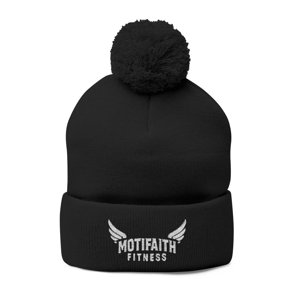 Embroidered Pom-Pom Beanie — Motifit Fitness Logo Cuffed Knit Hat