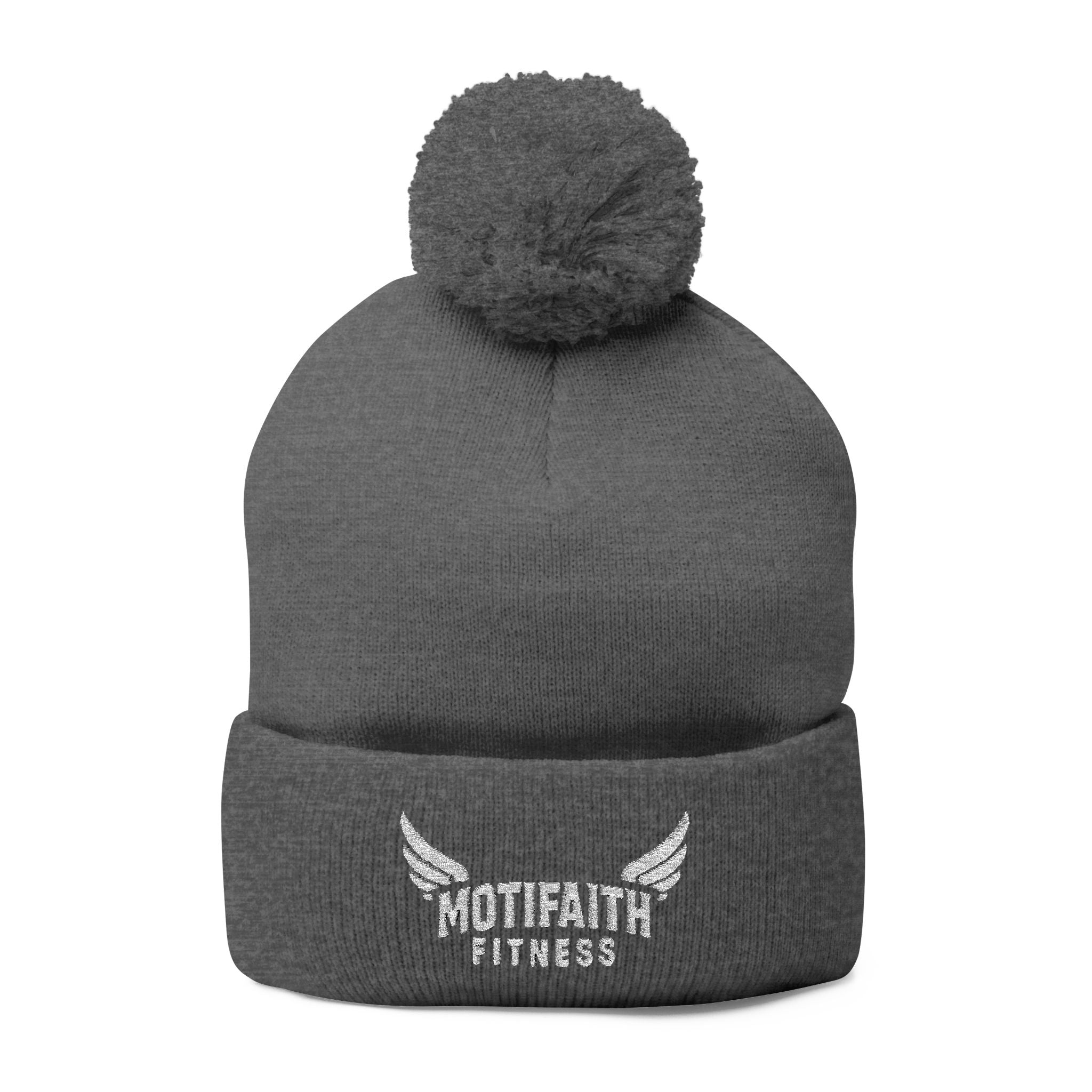 Embroidered Pom-Pom Beanie — Motifit Fitness Logo Cuffed Knit Hat