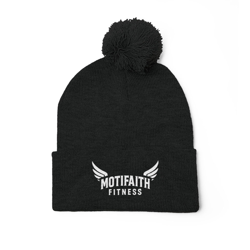 Embroidered Pom-Pom Beanie — Motifit Fitness Logo Cuffed Knit Hat