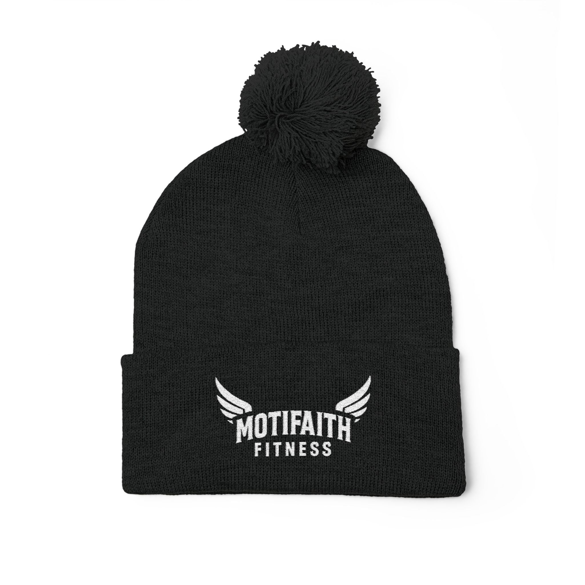 Embroidered Pom-Pom Beanie — Motifit Fitness Logo Cuffed Knit Hat