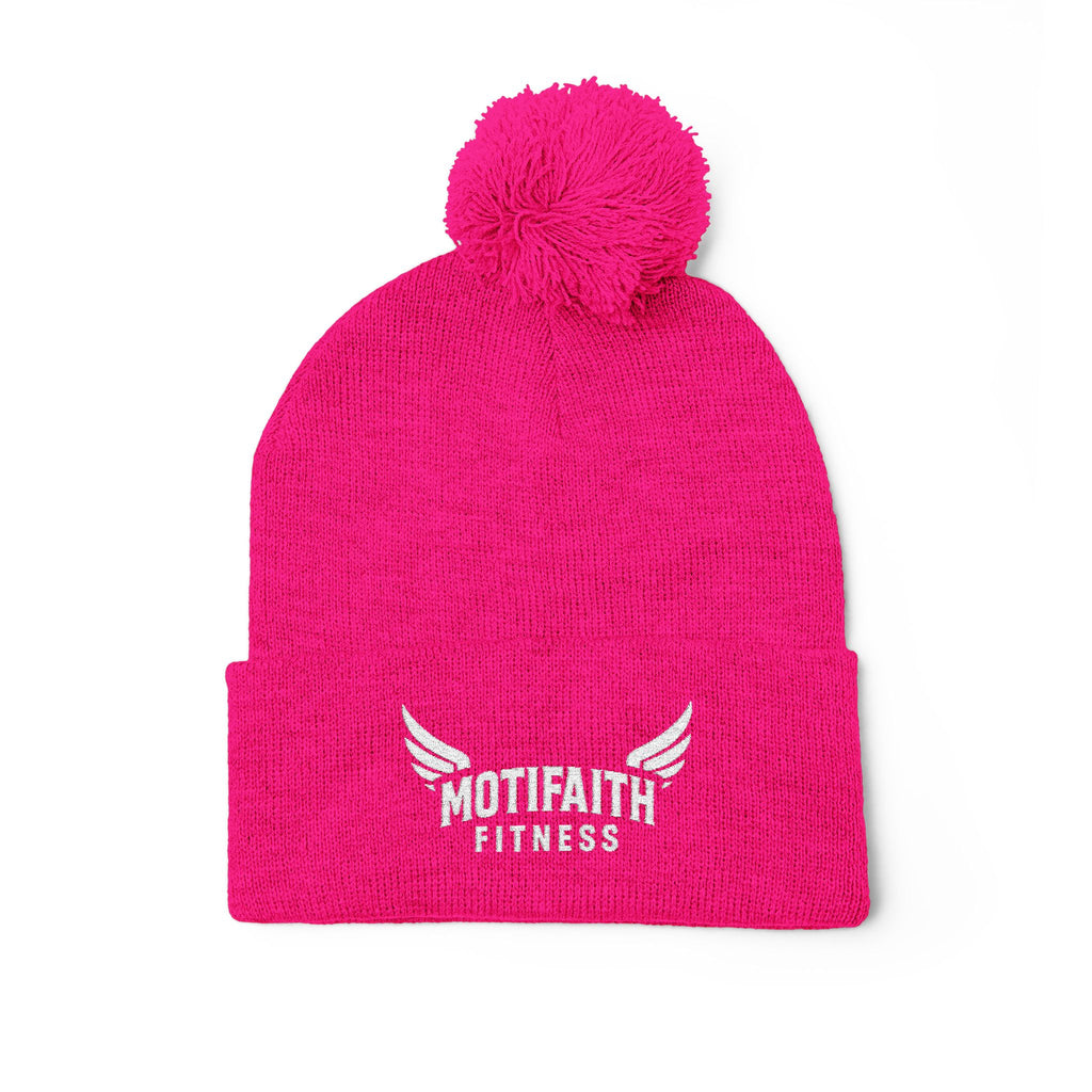 Embroidered Pom-Pom Beanie — Motifit Fitness Logo Cuffed Knit Hat