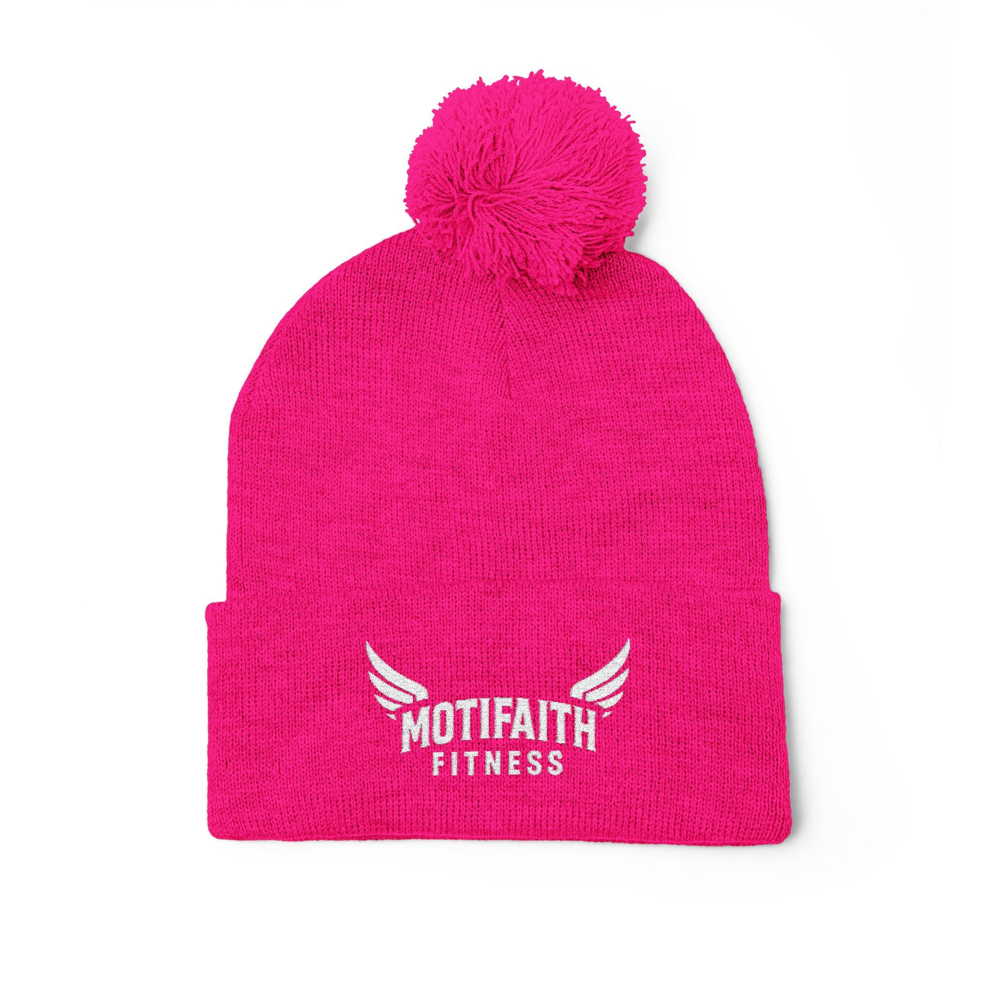 Embroidered Pom-Pom Beanie — Motifit Fitness Logo Cuffed Knit Hat