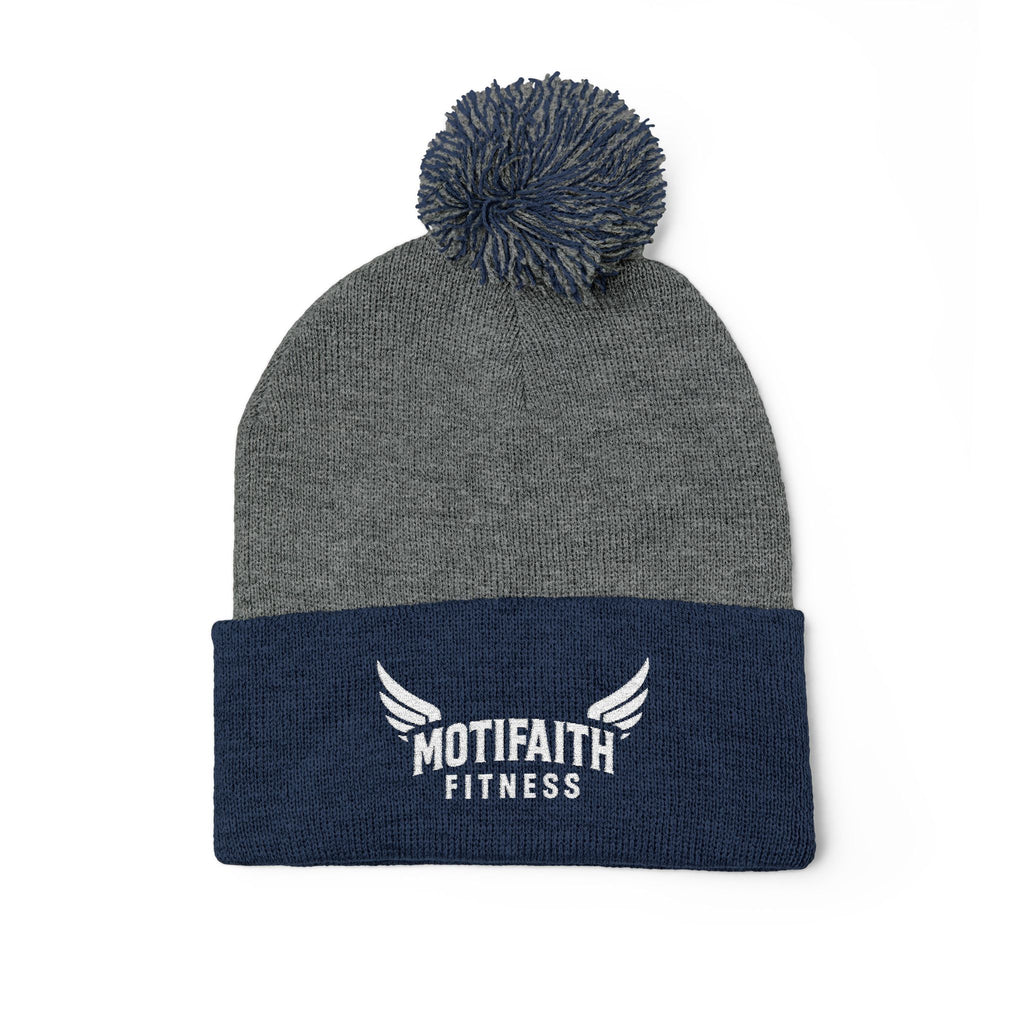 Embroidered Pom-Pom Beanie — Motifit Fitness Logo Cuffed Knit Hat