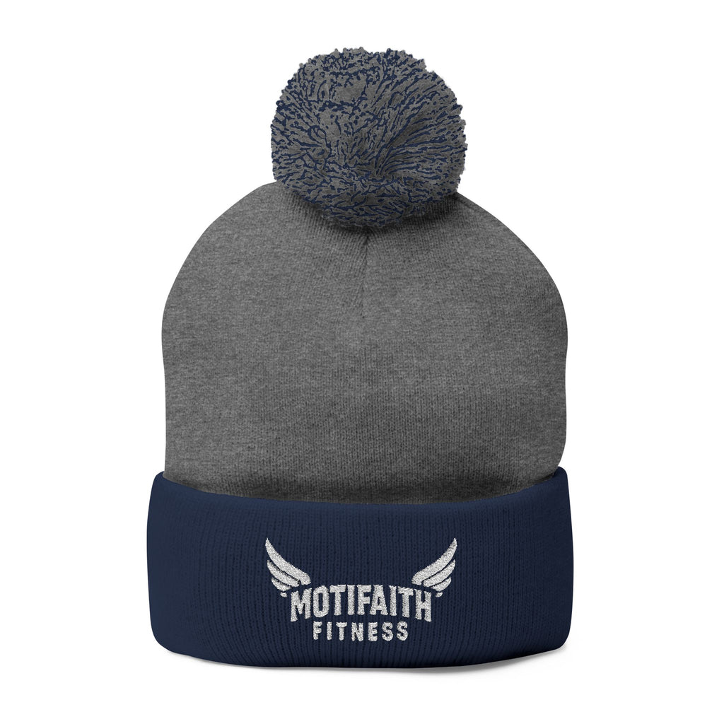Embroidered Pom-Pom Beanie — Motifit Fitness Logo Cuffed Knit Hat