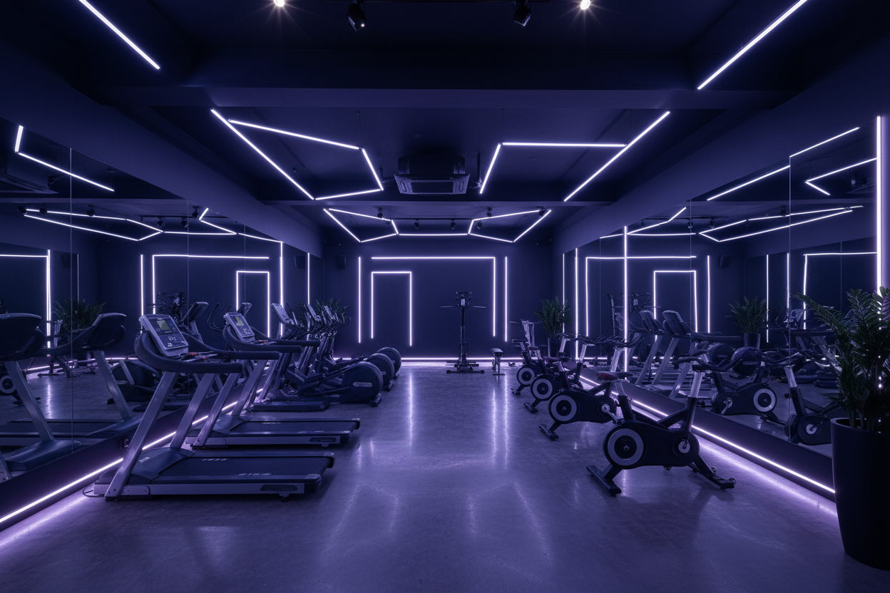 Fitness studio. Neon lighting. Dark walls. Modern feel. Clean and upscale atmosphere.